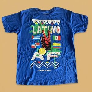 Reason Brand Latino AF T-Shirt Mens XL Blue Graphic Peace Sign Flags Streetwear